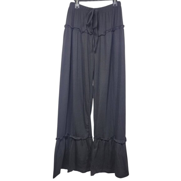 Black Wide Leg Ruffle Hem Palazzo Pants Size M Elastic Waist Lounge Fit - Picture 1 of 6